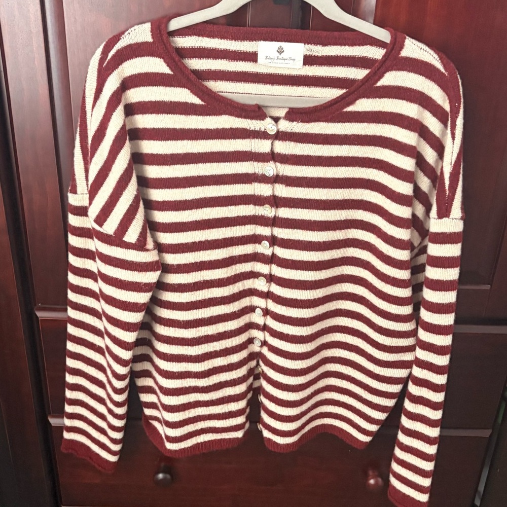 Betsey's Boutique Burgundy and Cream Striped Cardigan - Picture 3 of 11